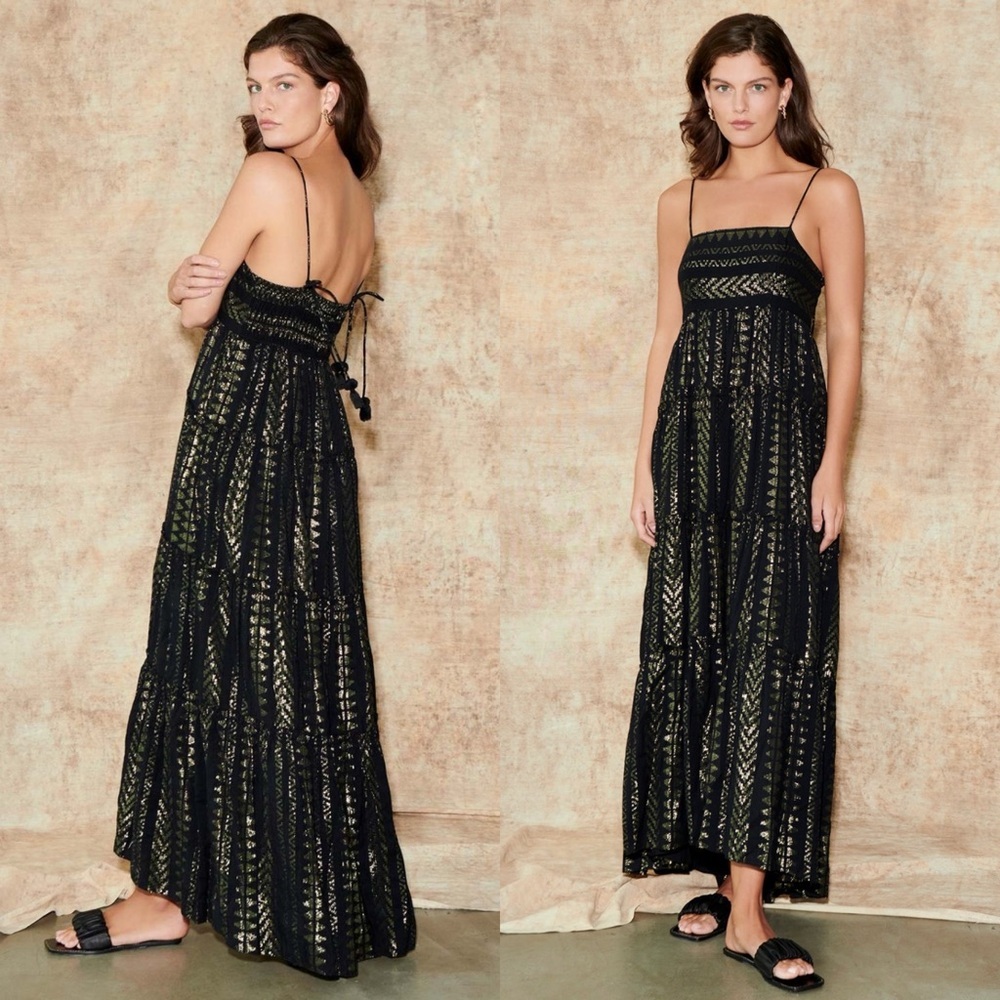 Saylor Joanie Tiered Maxi Dress Fringe Tassel Ties Black Metallic Details M - Picture 1 of 15